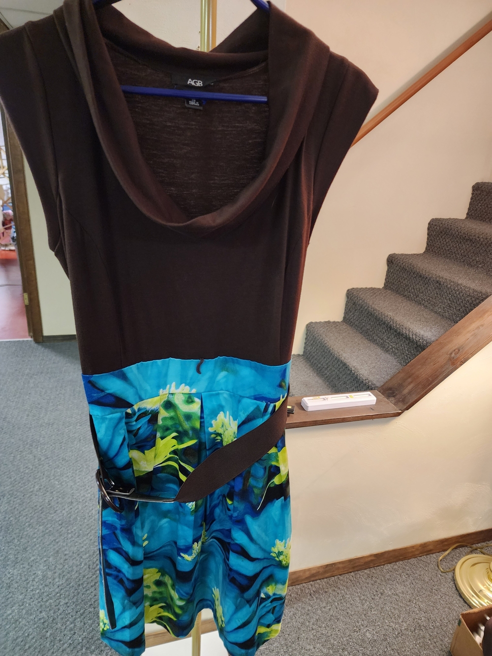 AGB Brown Cowl Neck Dress with Blue Floral Skirt